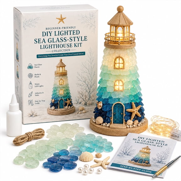 Yucurem Beginner-Friendly DIY Lighthouse Sea Glass Kit, 3D Glowing Art Coastal Decor with LED, Sea Glass Handmade Christmas Tree for Party Decor