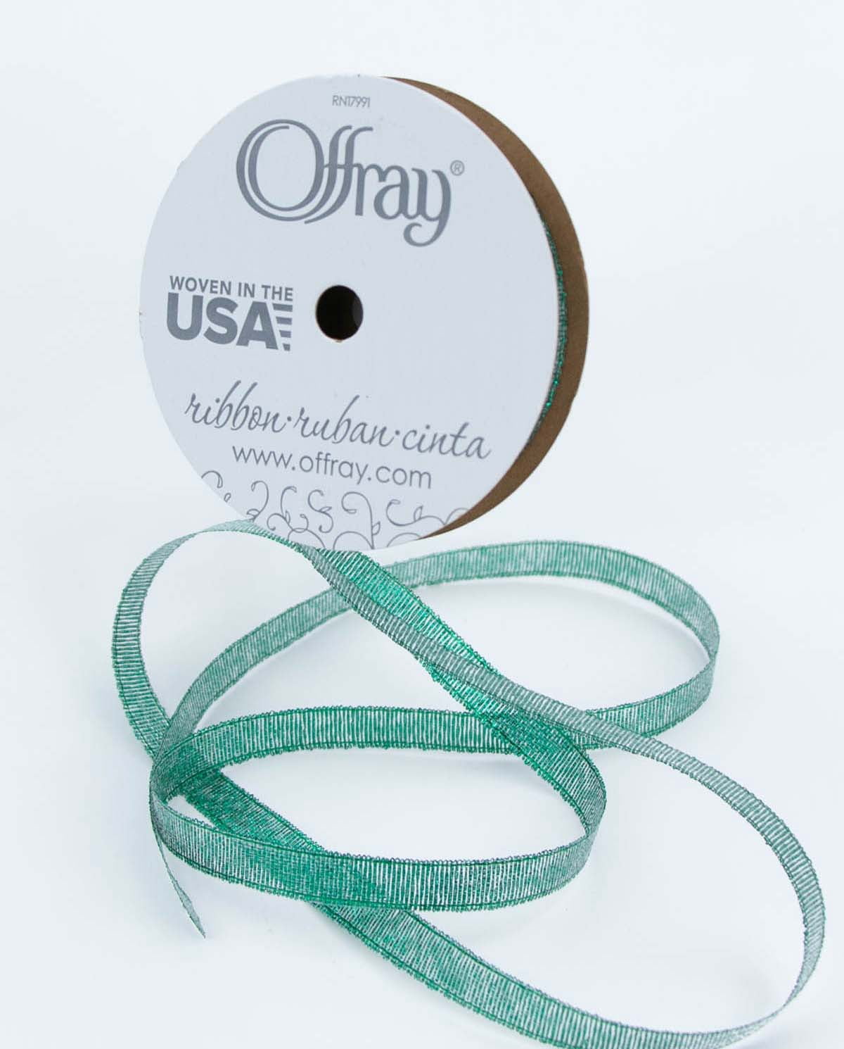 Offray Ribbon, Emerald Green 3/8 inch Galena Metallic Ribbon, 9 feet