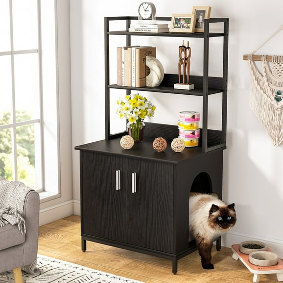 Litter Box Enclosure, Industrial Cat Cabinet with Shelves and Doors, Wood Pet Crate Hidden Cat Washroom for Most of Litter Box, Indoor Cat House Furniture, Black