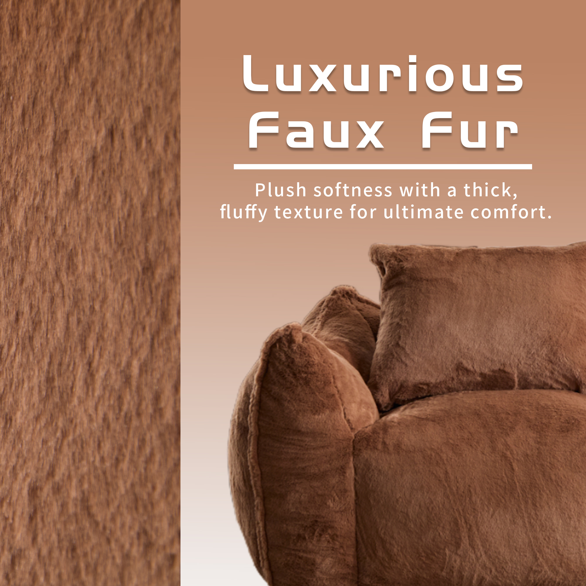 Aukfa Faux Fur Loveseat, 25" Deep Seat Giant Bean Bag Sofa for Living Room, Brown