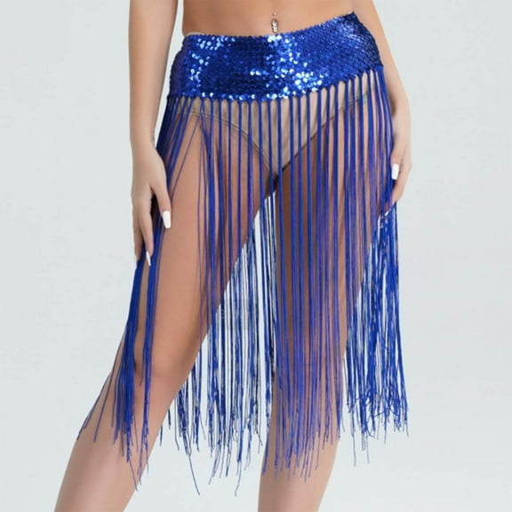 Tassel Skirt for Women Belly Dance Fringe Hip Scarf Sequin Wrap Skirts Carnival Festival Costume Blue One Size