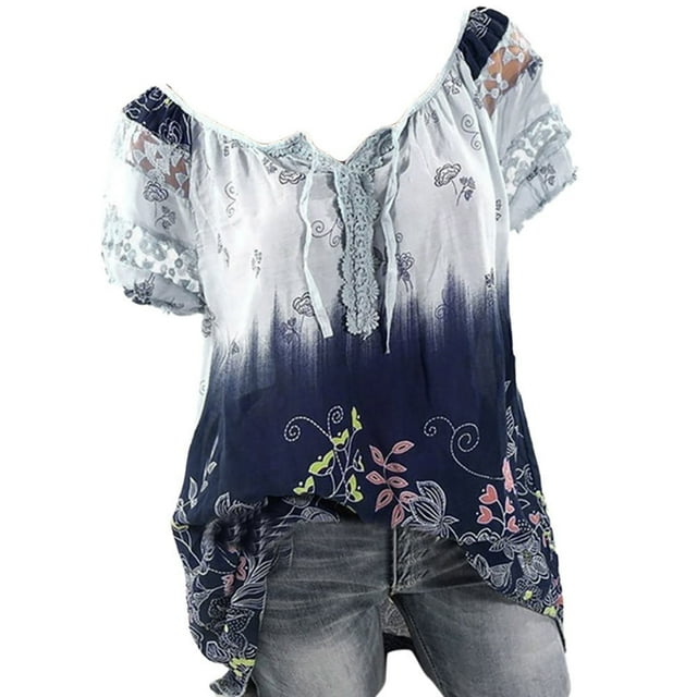 Babysbule Hauts pour Femmes en Liquidation Manches Courtes Col en V Dentelle Imprimée Hauts en Dentelle T-Shirt Ample Blouse