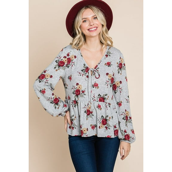 Floral Hacci Printed Babydoll Top With Elastic Cuff Sleeves S