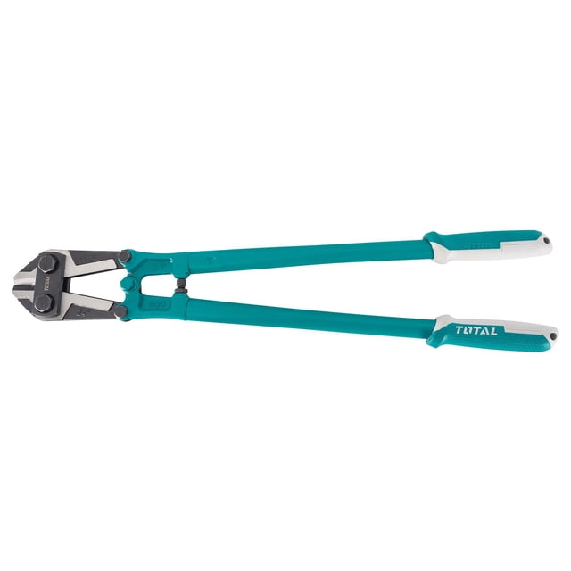cortapernos 24" Cortapernos IUSA 24" vista frontal; cabeza con cuchillas forjadas en acero al carbono y cuerpo de hierro robusto con acabado negro pulido, mangos largos verde con empuñaduras ergonómicas antideslizantes y logo TOTAL, ideal para corte de pernos, varillas y cadenas revestidas; suele usarse también para cortar malla reforzada en trabajos de jardín.