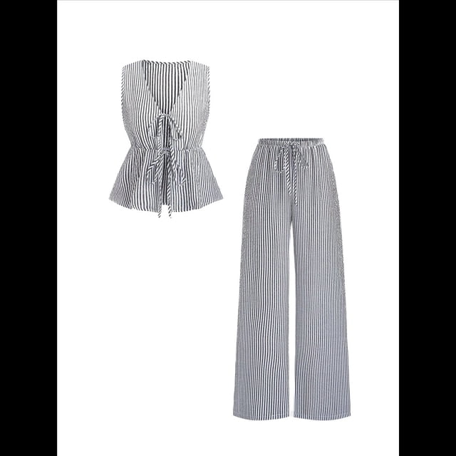 Conjunto de Dos Piezas de Verano para Mujer, con Estampado de Rayas, Sin Mangas, con Cordones, Camiseta Sin Mangas y Pantalones para Playa Negro M