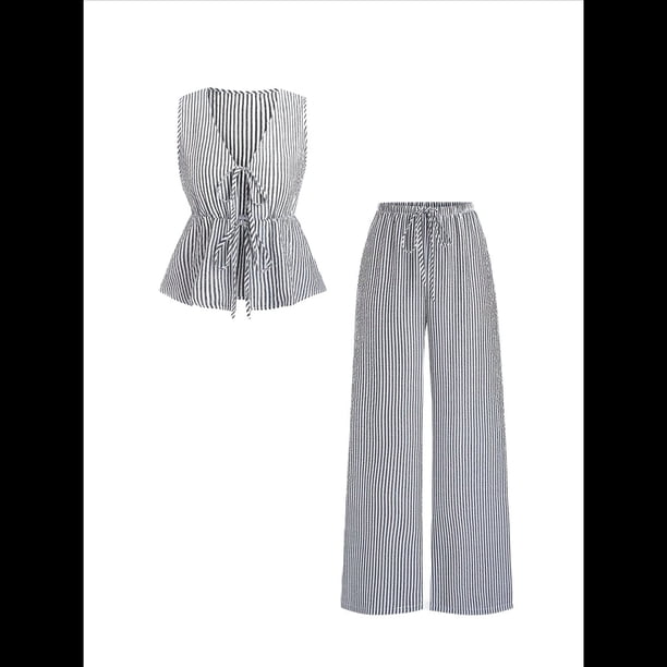 Conjunto de Dos Piezas de Verano para Mujer, con Estampado de Rayas, Sin Mangas, con Cordones, Camiseta Sin Mangas y Pantalones para Playa Negro S