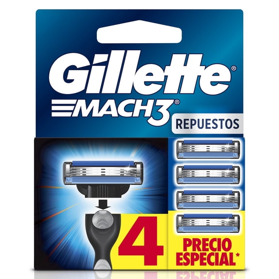 Cartucho de Rastrillo Gillette Mach3 con 3 Hojas para Rasurar al Ras, 4 pzas