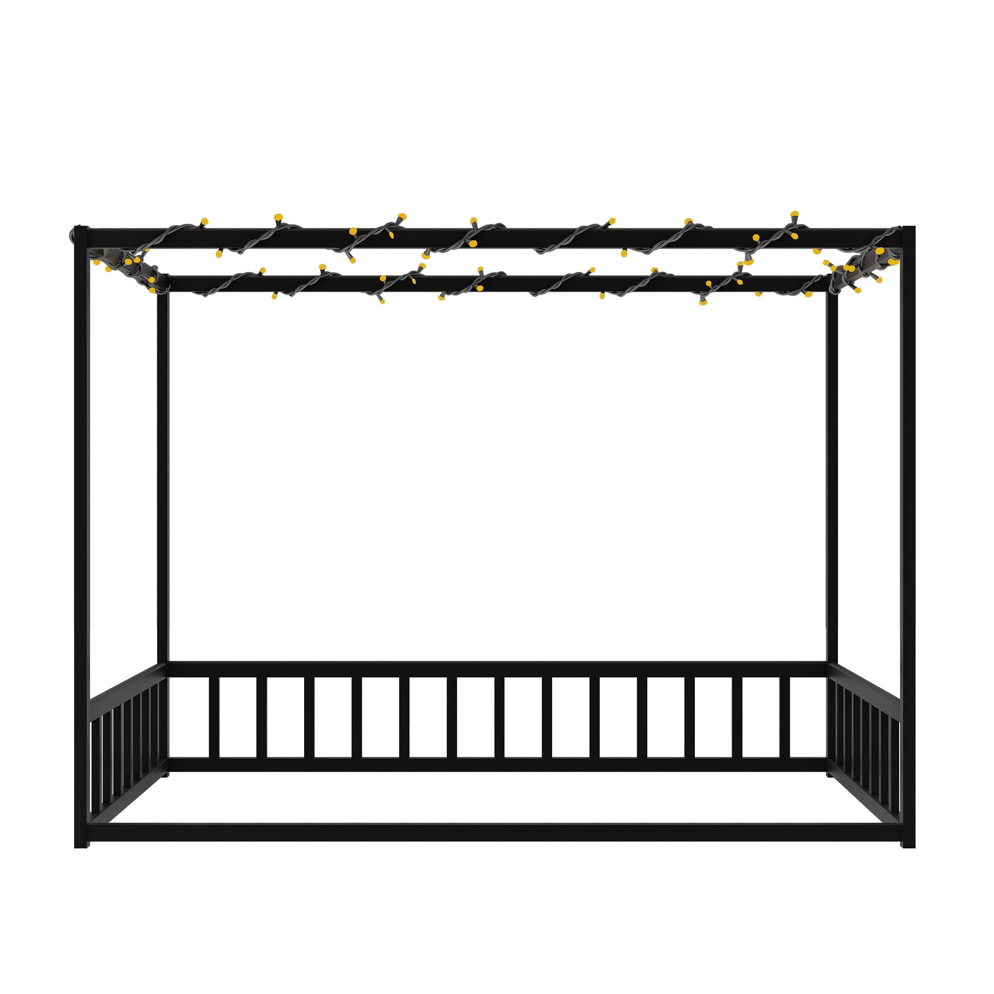 Mintazer Twin Size Kids Sunshade Floor Bed Frame with Guardrails, Canopy Floor Bed for Low Profile, Black