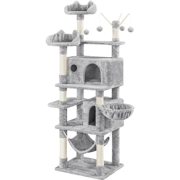 Yaheetech Arbre à Chat à Plusieurs Niveaux de 67 Pouces H avec 2 Condos pour Chats et 1 Hamac, Gris Pâle