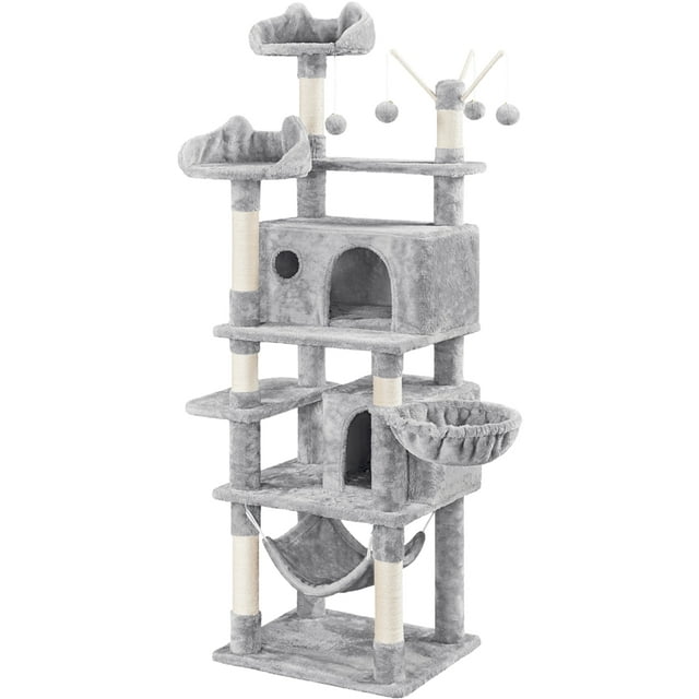 Yaheetech Arbre à Chat à Plusieurs Niveaux de 67 Pouces H avec 2 Condos pour Chats et 1 Hamac, Gris Pâle