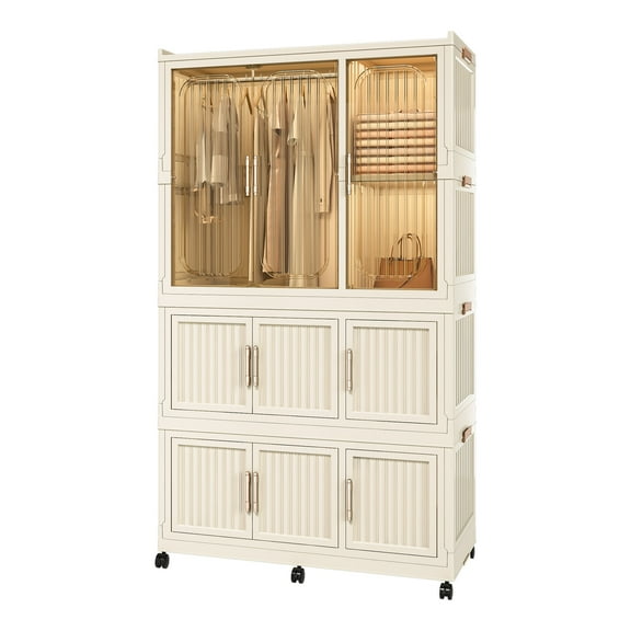 Bedroom Dressers, Portable Wardrobe Closet Storage Organizer for Clothes,Clothes Dresser,9 Magnetic Doors-9 Cubes & 1 Hanging Rod,6 pcs hangers , Baby Wardrobe Storage Cabinet,White, Bedroom Storage