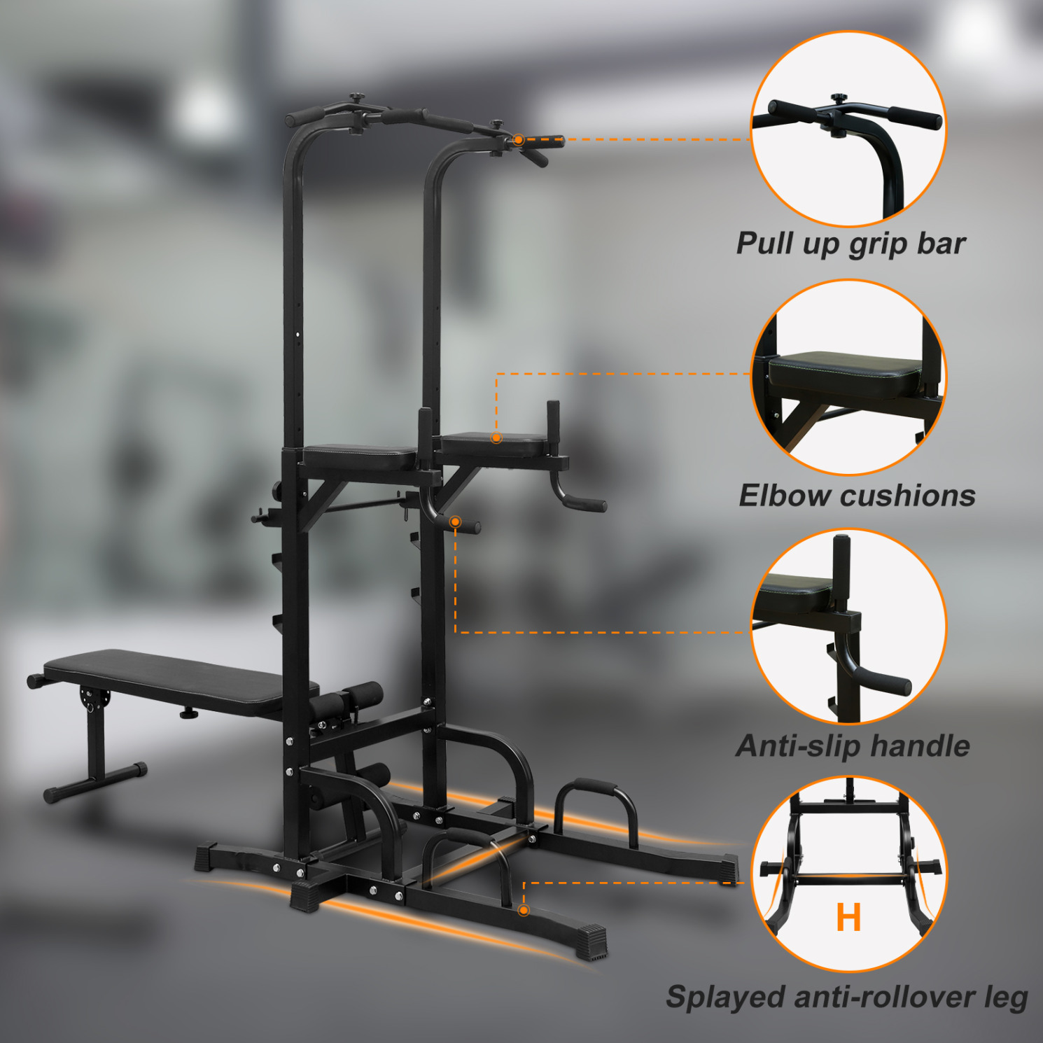 Pull Up Bar Dip Station with Bench, Multi-Function Strength Training Equipment with Adjustable Height and Anti-Slip Handle, Workout Station for Home, Gym, Black