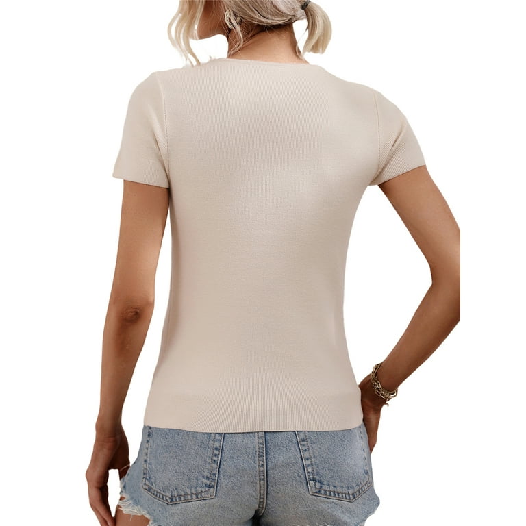 Women Summer T-shirt Solid Color Short Sleeves Round Neck Slim Fit
