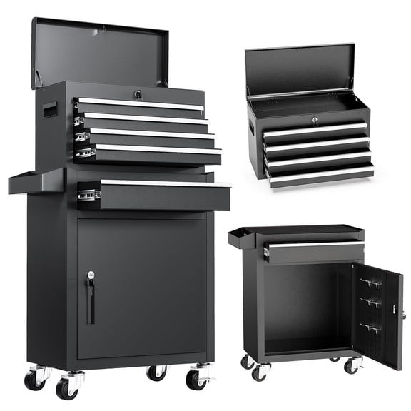 5-Drawer Rolling Tool Chest, Stainless Steel Tool Box with Brake Wheels and 4 Drawers, Black Detachable Tool Cart, Black
