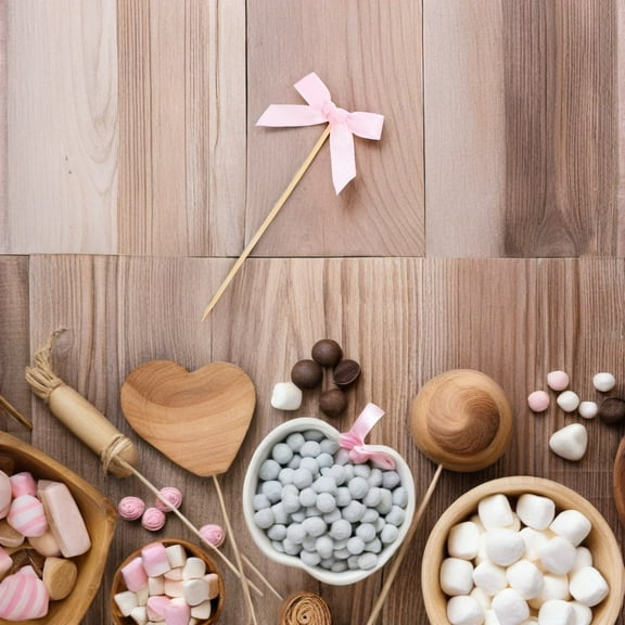 HEMOTON Elegant Pink Fabric Bow Picks for Cake Decorating and Fruit Dessert Decor Bamboo Cocktail Sticks 20pcs