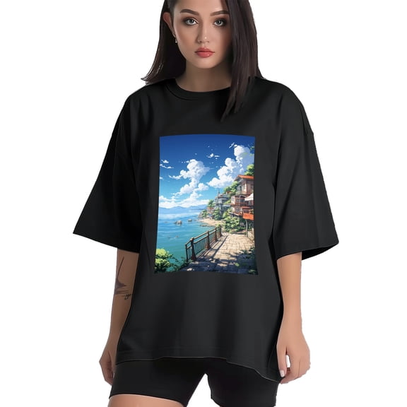 Plus Size Shirt for Women Black Tops for Women Short Sleeves Shirt for Women Seaside (32) T Shirt Crewneck Shirt for Women XS