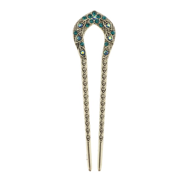 Pinza para el pelo estilo vintage con forma de U de metal y diamantes de imitación para moño, accesorio para la cabeza Azul