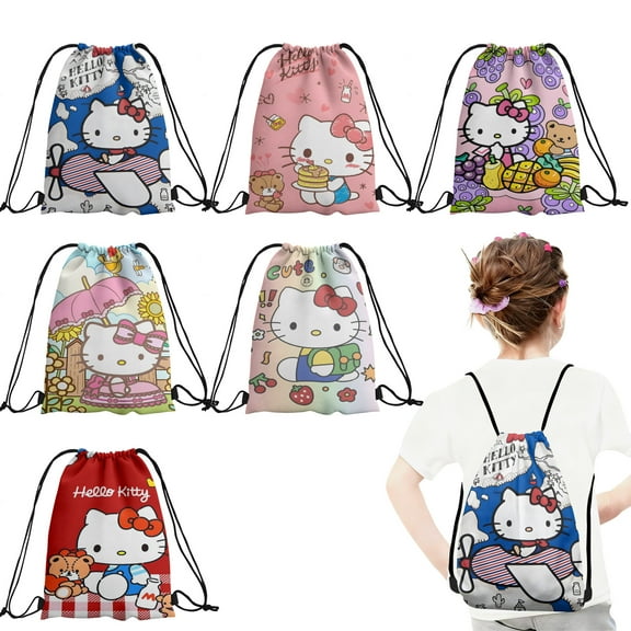 12 Pcs Hello Cat Kitty Candy Drawstring Bag Drawstring Goodie Favor Bags for Boys and Girls Cartoon Birthday Party Decorations 27x34cm
