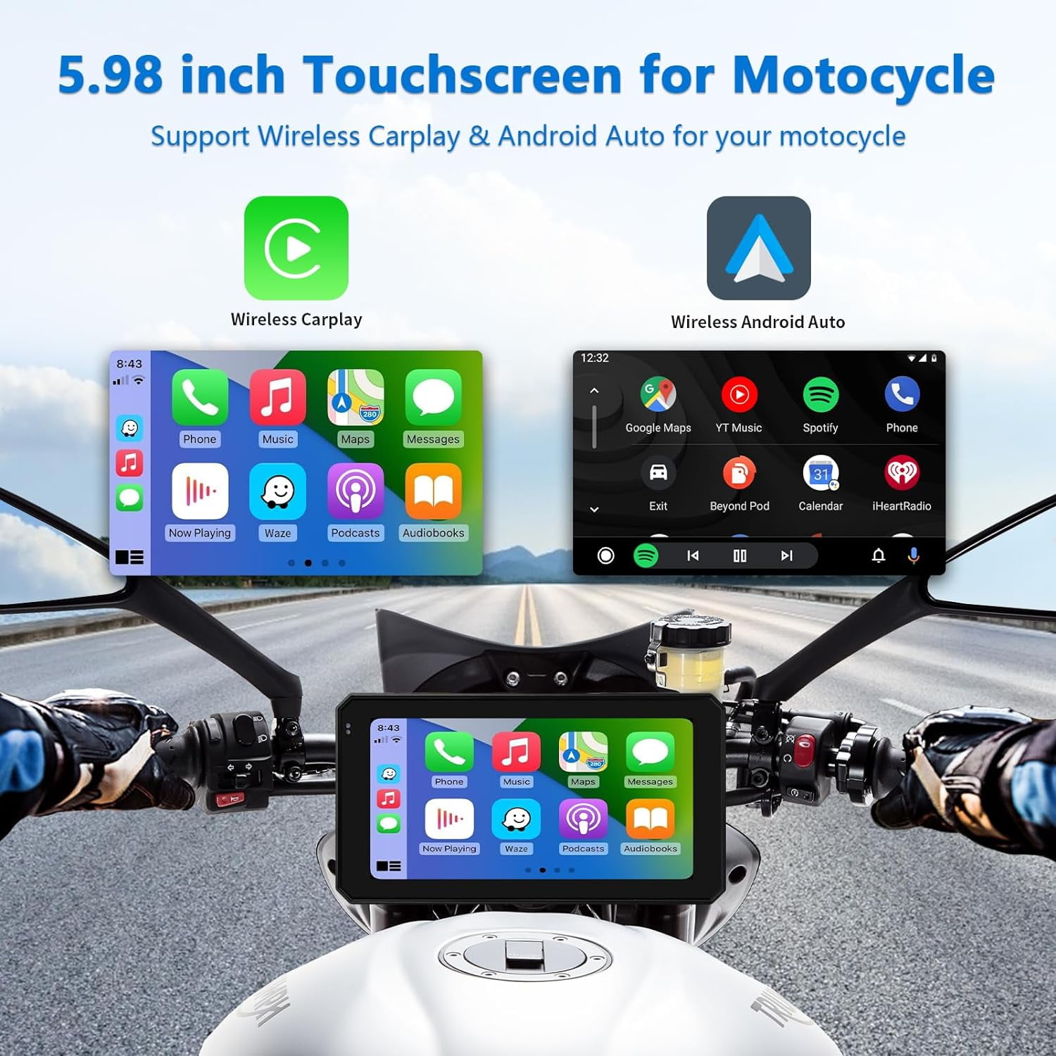 Wireless CarPlay Wireless Android Auto Touchscreen for Motorcycle, Road Top  Waterproof 5.98 Inch Touch Screen Device GPS Navigation for Motorbike,  Stereo Receiver Bluetooth Monitor 