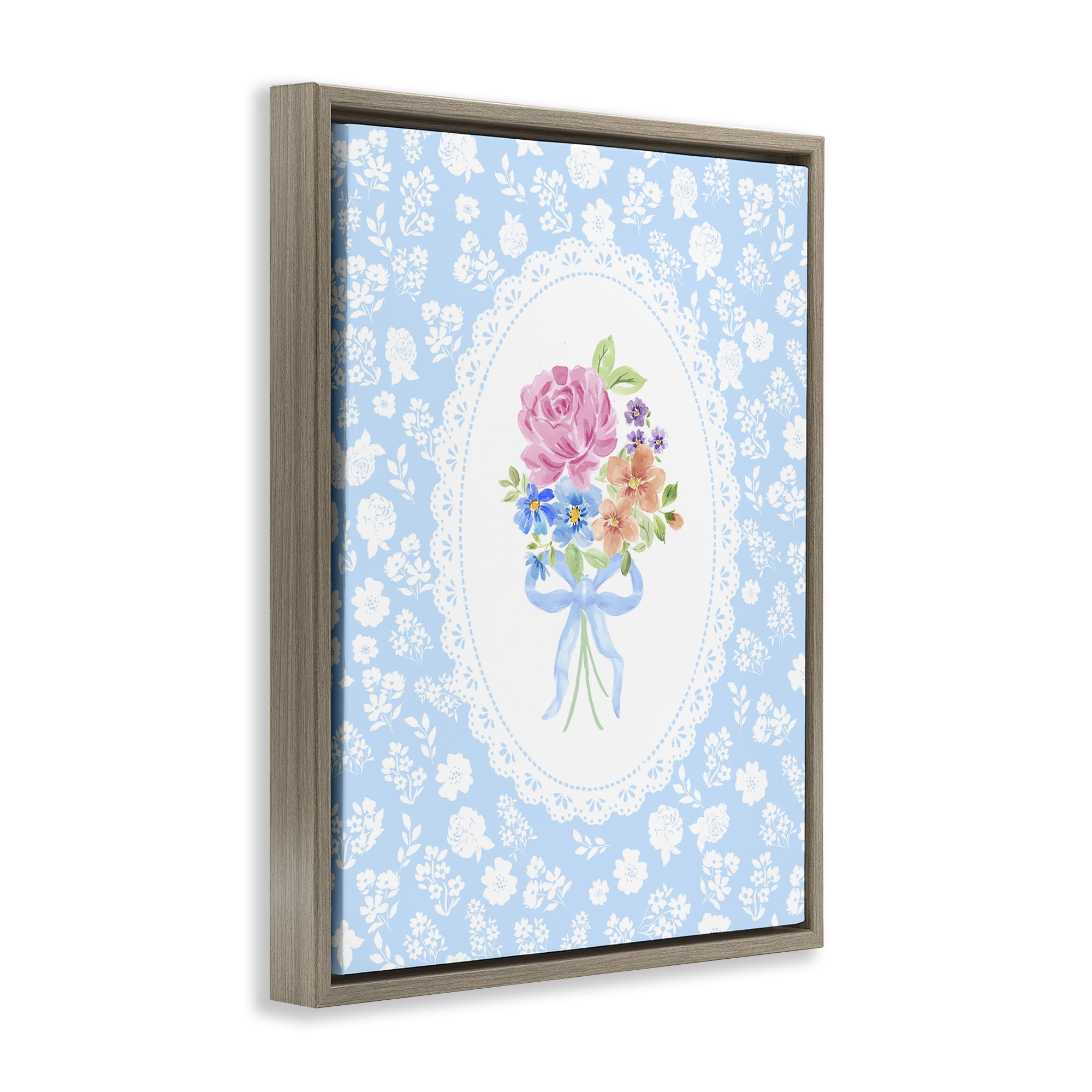 Stupell Industries Blue Feminine Bouquet Brown Framed Floater Canvas Wall Art, design by Corinne Haig