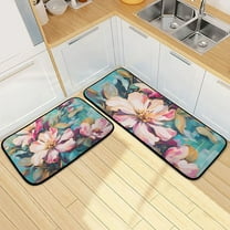 Pink Flowers in Blue Kitchen Mats Set 2 Piece Non Slip Floor Foam Rugs Cushioned Soft Waterproof Carpet Runner for Dining Room Bathroom Laundry