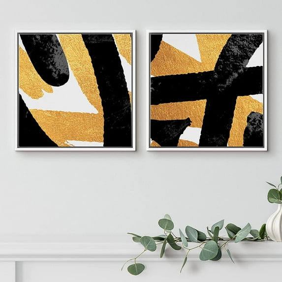 PixonSign Framed Wall Art Print Set Black & Gold Brushstroke Array Abstract Shapes Digital Art Modern Art Chic Colorful Multicolor Ultra for Living Room, Bedroom, Office - 16"x16"x2 White