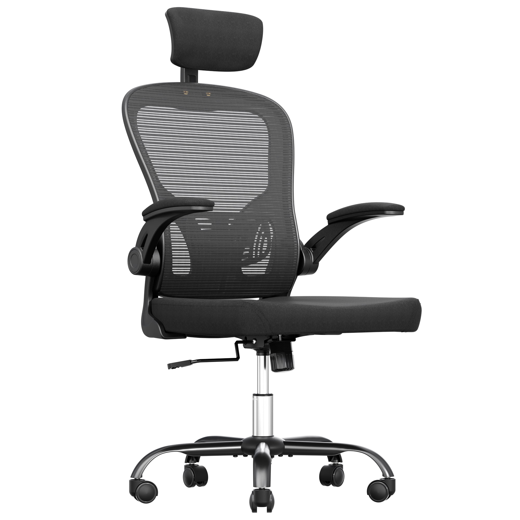 SUNCROWN Ergonomic Mesh Office Chair with Adjustable Headrest, High-Back Breathable Desk Chair with Flip-Up Arms, Lumbar Support, Comfortable Fabric Seat for Home Office, Black