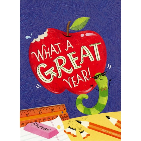 Designer Greetings Worm Holding Red Apple Teacher Appreciation / Thank You Card