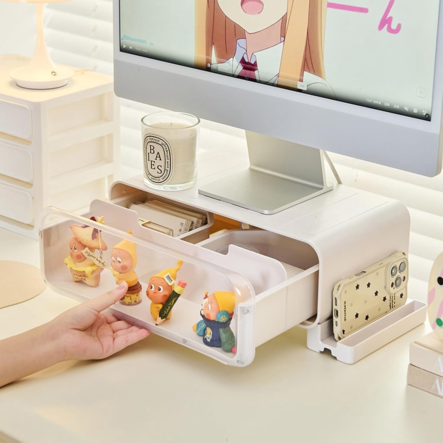 Monitor Stand Riser, Computer Monitor Stand with Drawer and Display Minifigures, Computer Desktop Stand with Lights, Removable Elevated Structure, Compatible with Computers, Desktops, and Laptops