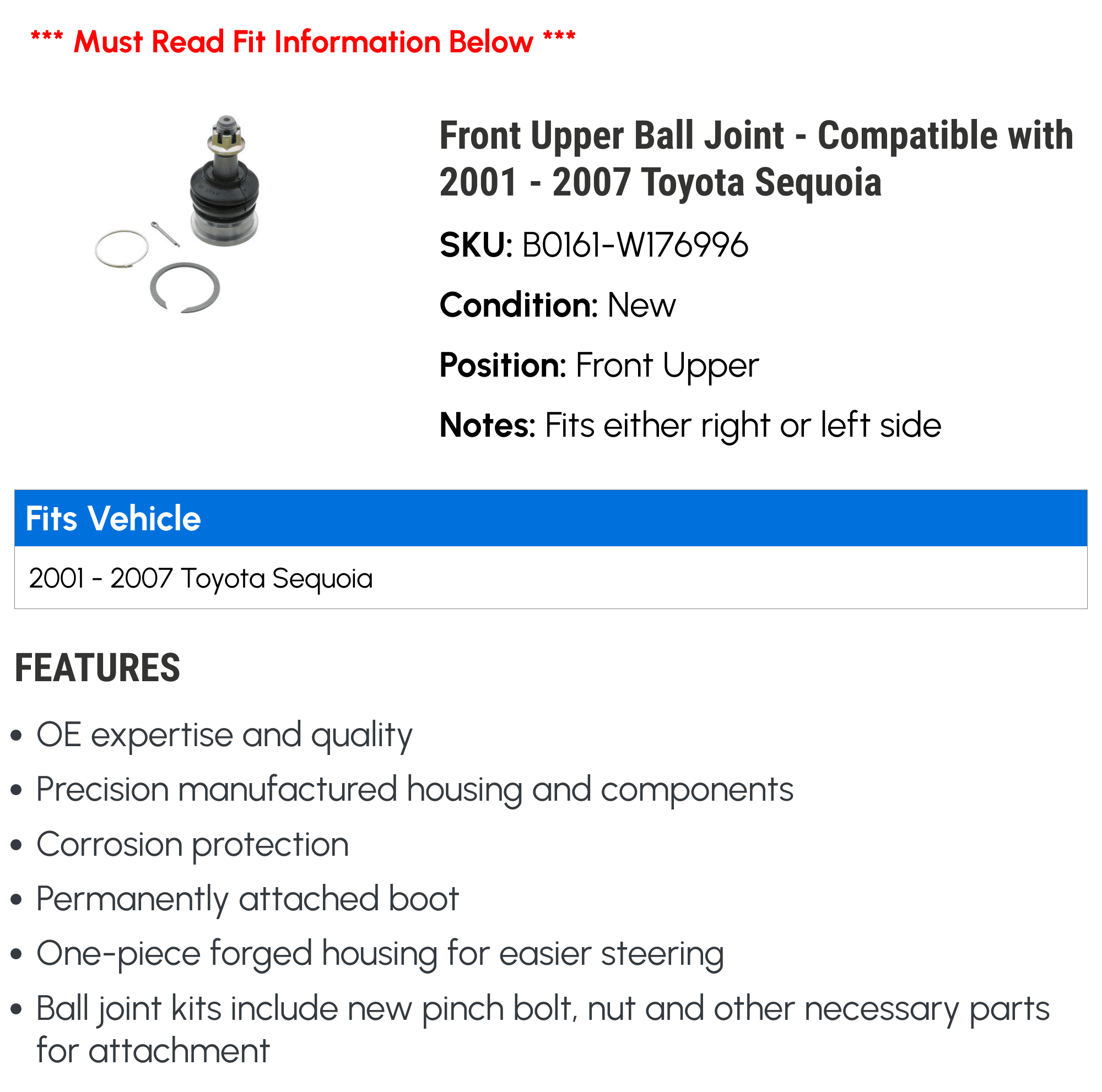Front Upper Ball Joint - Compatible with 2001 - 2007 Toyota Sequoia 2002 2003 2004 2005 2006
