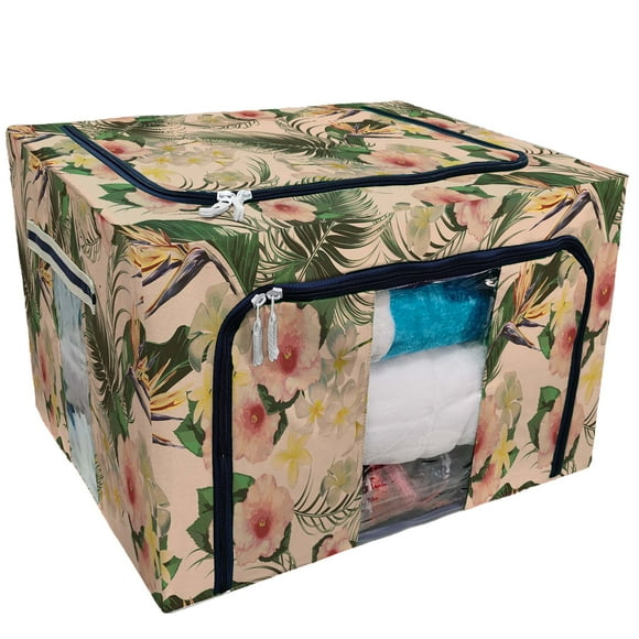 EREHome floral bohemian Tropical flowers palm leaves jungle bird paradise Storage Bag Clear Window Storage Bins Boxes Large Capacity Foldable Stackable Organizer With Steel Metal Frame
