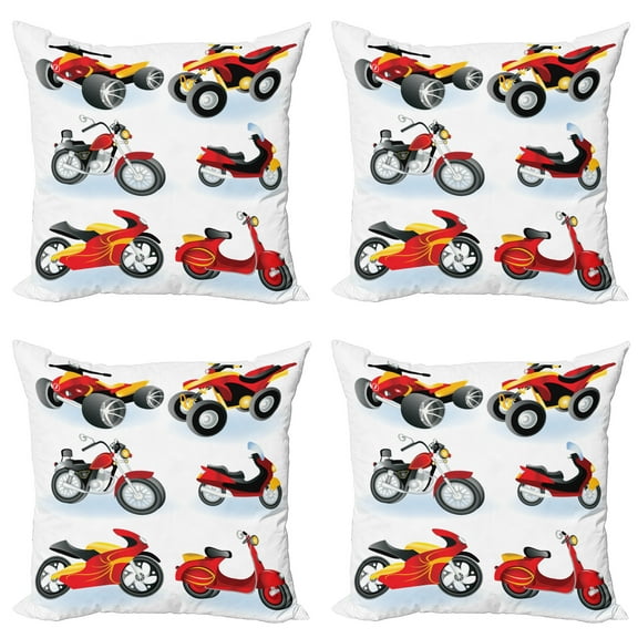 Ambesonne Cartoon Throw Pillow Cover 4 Pack, Motorcycle Hippie, 20", Black Yellow