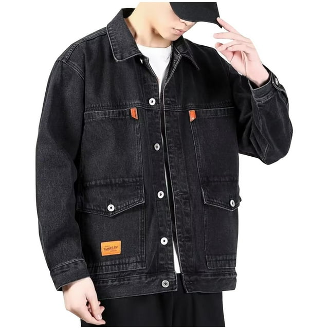 LOVZFMLL Jackets for Men's Solid Color Casual Collar Long Sleeved Button Hooded Denim Jacket