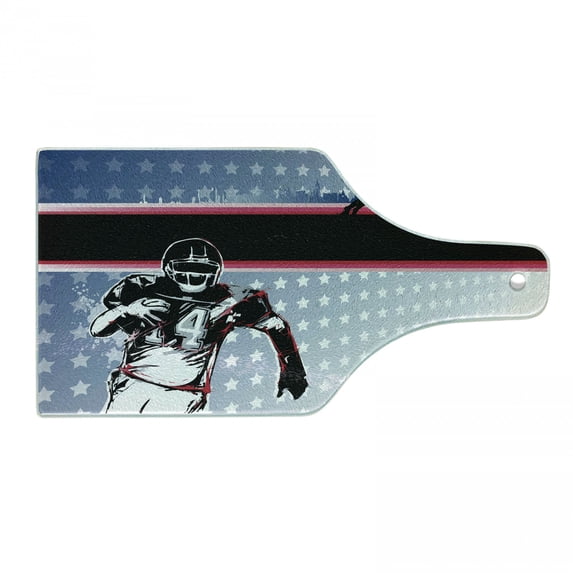 Americana Cutting Board, Baseball American Football Player Running in Field the Stars Pattern, Decorative Tempered Glass Cutting and Serving Board, Wine Bottle Shape, Multicolor, by Ambesonne