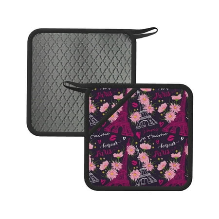 

2PCS Pot Holders for Kitchen - Heat Resistant Silicone Pot Holders with Hanging Loop Eiffel Tower flower pink Non Slip Oven Hot Pads Potholders for Decor Baking Cooking Kitchen