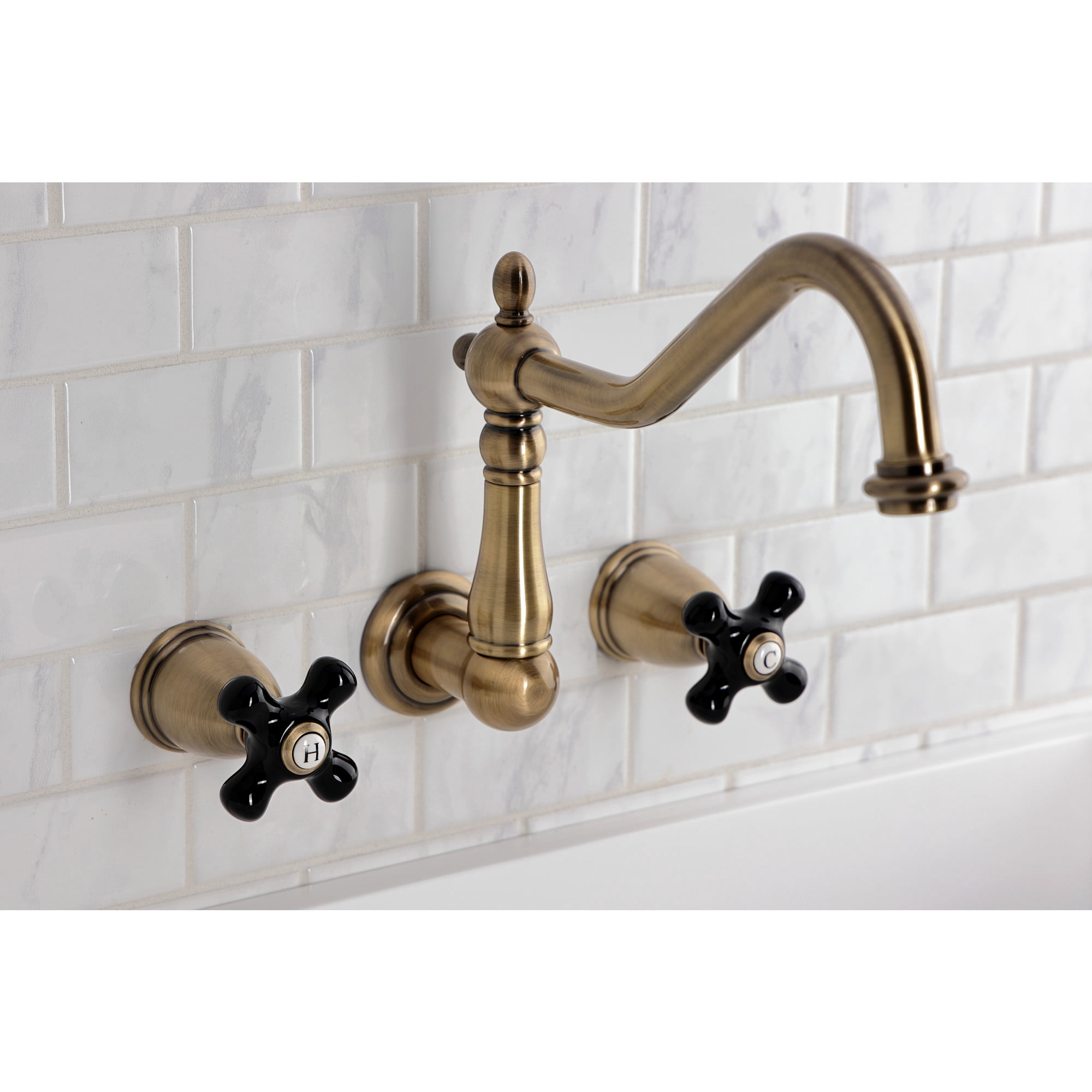 Kingston Brass KS1283PKX Duchess Double-Handle Wall-Mount Kitchen Faucet, Antique Brass
