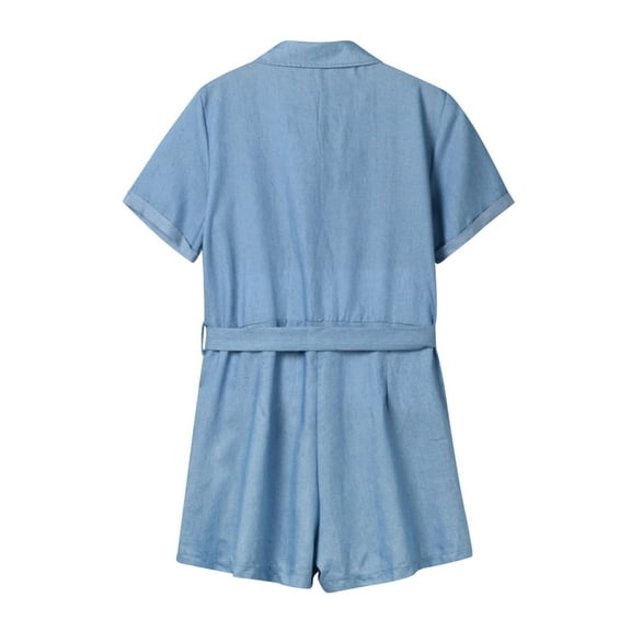 Aayomet OnePiece Jumpsuits For Women Jumpsuit Pants Solid Short-sleeved Short Casual Lapel Loose Women Denim Jumpsuit Women's,Light Blue XXL