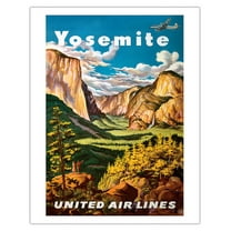 Yosemite - United Air Lines - Yosemite Falls and Yosemite National Park - Vintage Airline Travel Poster by Joseph Fehér c.1945 - Fine Art Matte Paper Print (Unframed) 11x14in