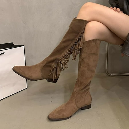 

YOUSNH Foreign Trade Large Pointed Flat Bottomed Long Tassel Boots for Women in Autumn and Winter 2024 New Soft Bottomed Lightweight and Comfortable Long Tube Single Boots for Women Brown 9