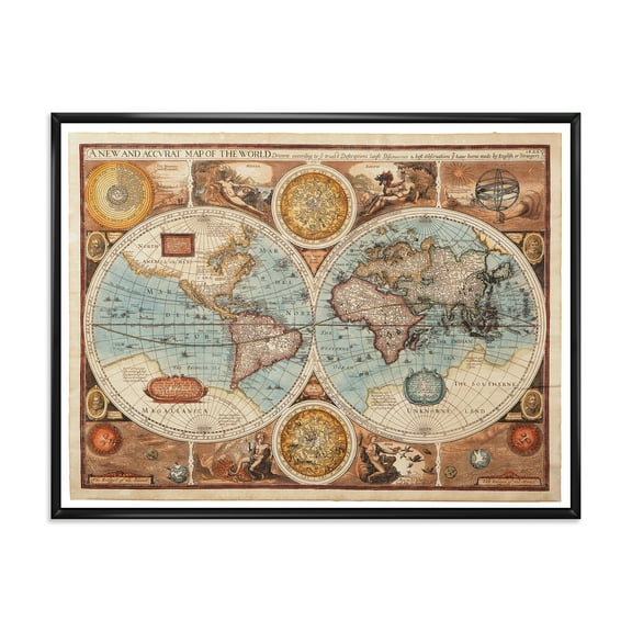 Designart 'Vintage Map of The World VIII' Vintage Framed Canvas Wall Art Print