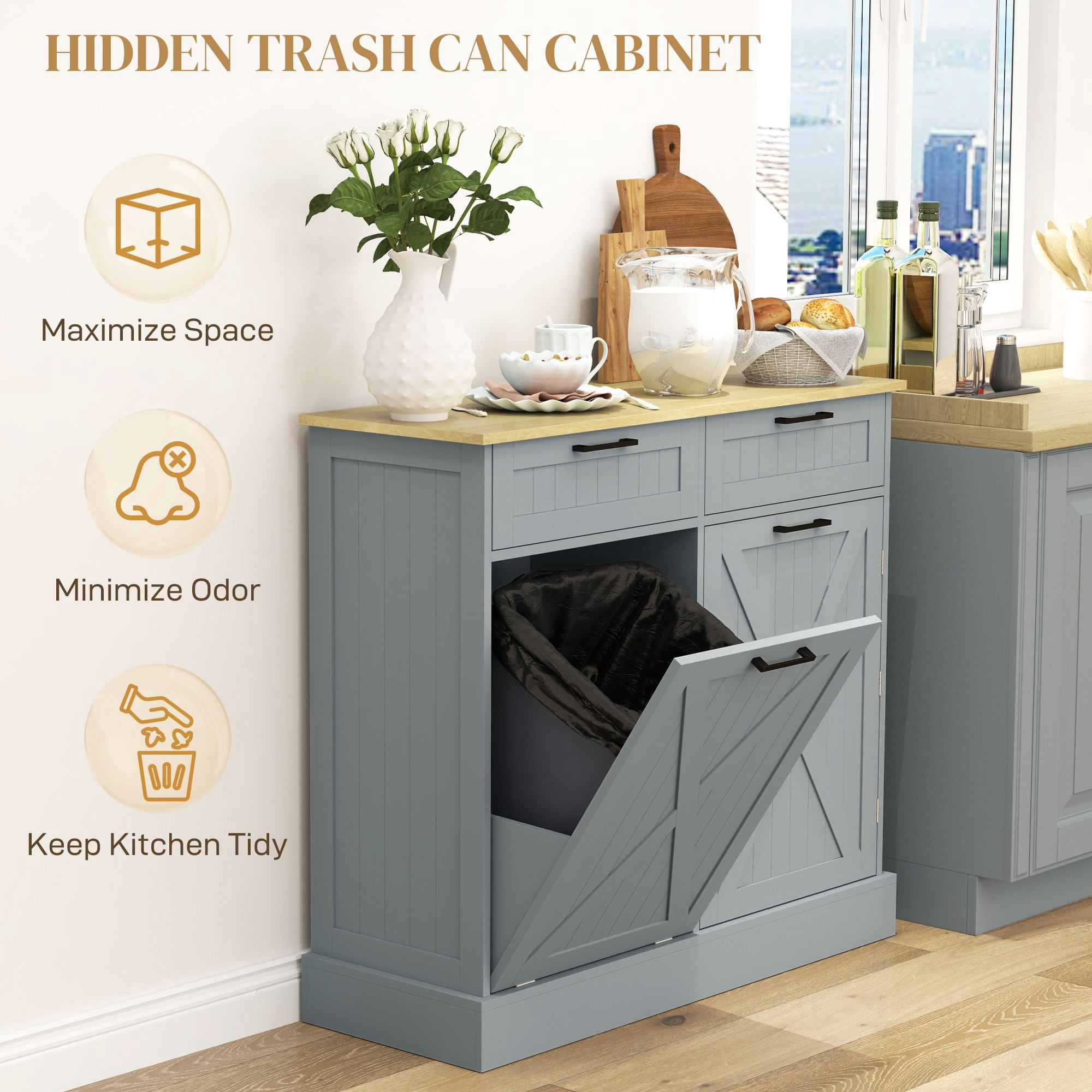 Tilt Out Trash Can Cabinet with 2 Drawers and Spice Rack, 10 Gallon Hidden Trash Can, MDF Kitchen Storage, 39.4 in Wide, 230 lb Capacity