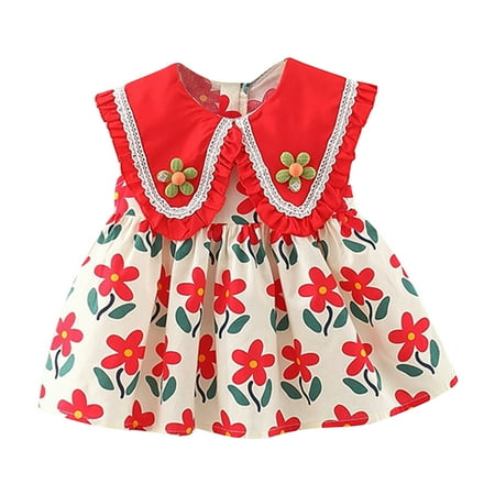 

Efsteb Fashion Girls Dresses Toddler Girl Clothes Cute Baby Girls Summer Round Neck Sleeveless Dress Sweet Flower Print Dress Red （2-3 Years）