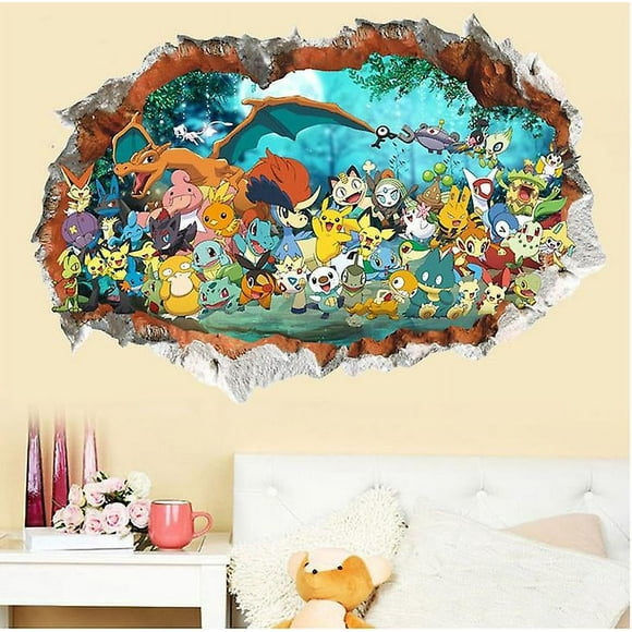 Qianli Wall Sticker Pokemon Go 3d Cartoon Self Adhesive Wallpaper Decals Kids Room Decoration (60*90CM)