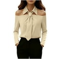 thumbnail image 2 of Ounisa Women's Bow Tie Neck Long Sleeve Off Shoulder Buttton Cuff Chiffon Elegant Blouse, 2 of 9