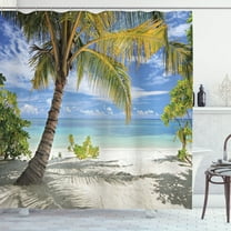 Scenery Decor Shower Curtain, Tropical Sandy Beach with Palm Trees Maldives Coastline Peaceful Theme, Fabric Bathroom Set with Hooks, 69W X 70L Inches, Coconut and Blue, by Ambesonne