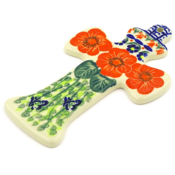 Polish Pottery 7½-inch Cross (Happiness Theme) Signature UNIKAT Hand Painted in Boleslawiec, Poland   Certificate of Authenticity