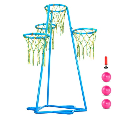 KFFKFF Youth Basketball Set Quadruple Hoop Kids Basketball System Movable Basketball Post with Variable Heights and Trio of Balls Indoor/Outdoor Basketball Playset for Kids of Various Ages
