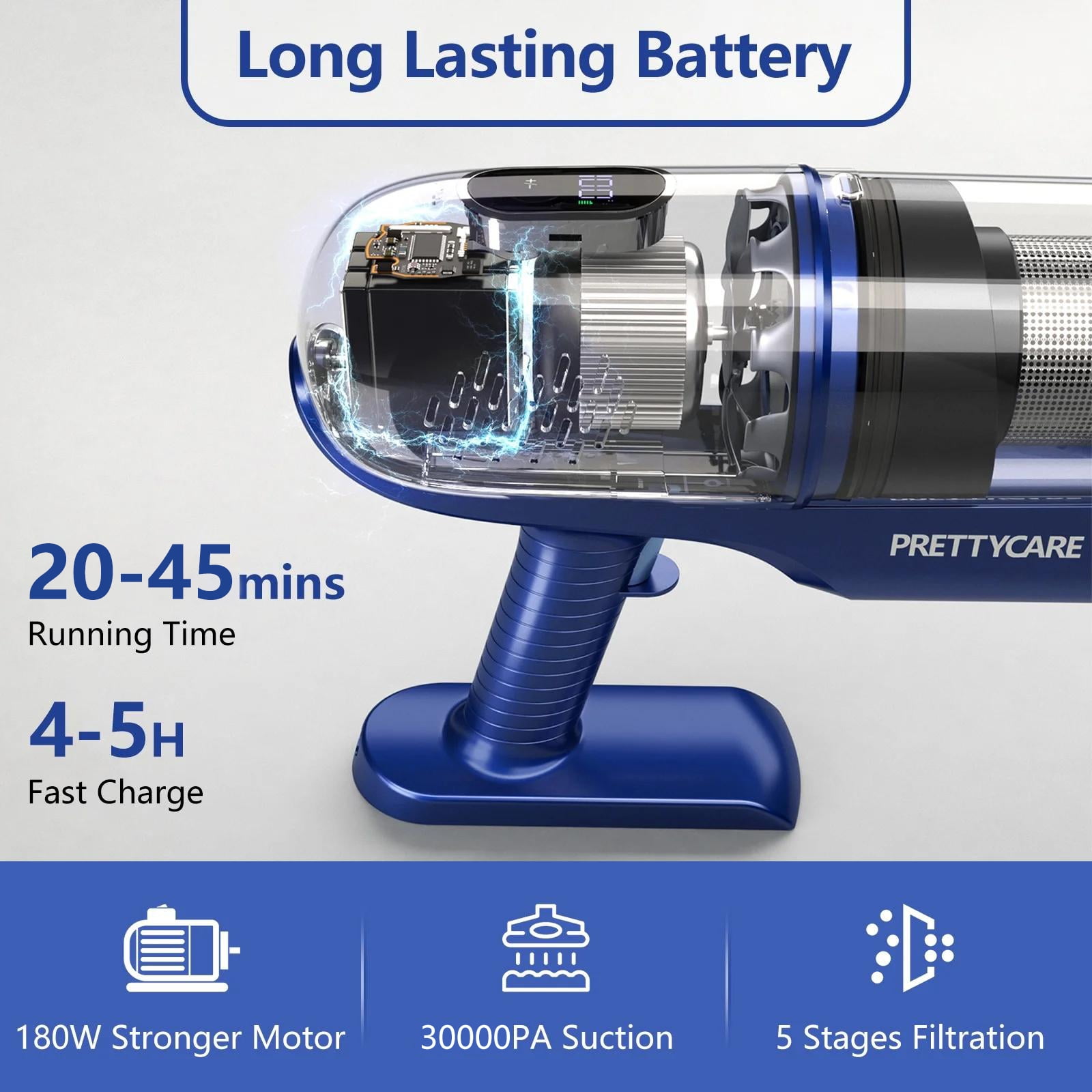 PrettyCare Cordless Vacuum Cleaner, 30Kpa/45min/7-in-1 Stick Vacuum with Foldable Pole, P1 PrettyCare Cordless Vacuum Cleaner, 30Kpa/45min/7-in-1 Stick Vacuum with Foldable Pole, P1 - Image 5