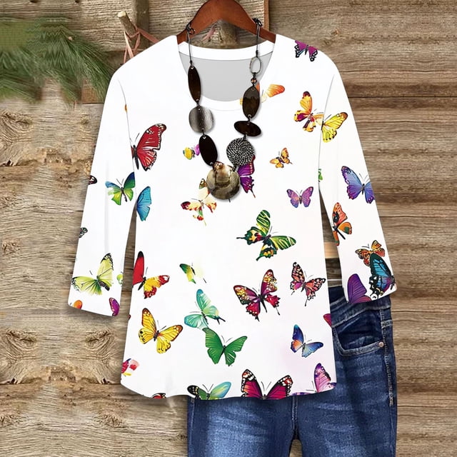 Super Cadeaux pour Moins DYTTDG T-shirt Grande Taille pour Femmes Manches 3/4 Hauts Imprimés Col Rond Blouse Décontractée Ample Hauts pour Femmes