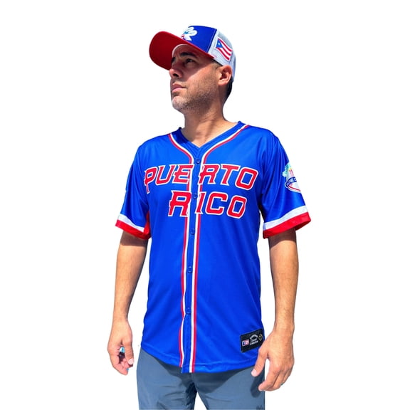 Baseball Jersey Puerto Rico Flag Design, Blue Red Button Front Shirt for Men Women SMALL
